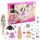 Barbie-Adventskalender Puppe (30,40 cm), 24 Überraschungen inklusive Trendiger Kleidung und Accessoires für jeden Tag, Festliche Verpackung mit Feiertagsmotto für Kinder von 3 Jahren, GYN37