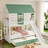 Gxffipw Etagenbett Kinderbett 90x200 cm mit Rausfallschutz und Ausziehbett 90x190 cm, Hochbett mit Rutsche und Dach, Hausbett Holzbett Bettrahmen mit Lattenrost und Leiter, Weiß+Grün, Ohne Matratze