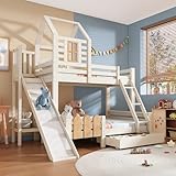 Gxffipw Etagenbett 2 Kinder Hausbett 90x200 & 140x200 cm mit Rausfallschutz und Schublade, Kinderbett Hochbett mit Rutsche und Leiter, Holzbett Bettrahmen mit Lattenrost, Weiß+Holzfarbe, Ohne Matratze