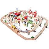 Bandits & Angels Holzeisenbahn-Set 130 Teile mit Bahnhof ab 3 Jahren für Jungen und Mädchen – Eisenbahnset mit 130 Teilen und 2 Holzeisenbahnen – Eisenbahngleise für Kinder mit Zubehör