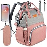 NEVEQ Baby Wickelrucksack, Babytasche für Reise, Wickeltasche Große Kapazität, Multifach Reise Rucksack Wasserdicht Fächer Babyflaschehälter (Grau und Pink)