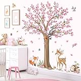 decalmile Wandsticker Kirschblüte Rosa Baum Groß Wandtattoo Waldtiere Hirsche Fuchs Hase Wandaufkleber Kinderzimmer Babyzimmer Schlafzimmer Wanddeko