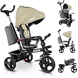 KIDIZ® Dreirad 5in1 Kinderdreirad mit Schubstange Lenksystem Stange ab 1 Jahr, Jogger vorwärts und Rückwärtsfahrt,Korb Tasche Getränkehalter Sonnendach Gummiräder Buggy Fahrrad Baby Klappbar, Beige