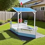 Kiddo Skipper Sandkasten Boot mit Baldachin, Lenkrad, Sitzgelegenheit und Fahnenmast, blau und weiß, Outdoor Spielsandkasten für Kinder mit Bodenplane