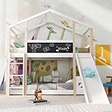 HESHU Etagenbett für 2 Kinder, Kinderbett Baumhaus mit Rutsche & Leiter, 90x200cm, Hochbett für Kinder– 2X Lattenrost, Funktionsbett Stockbett Jugendbett (Weiß mit Rutsche)