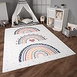 Paco Home Teppich Kinderzimmer Kinderteppich Spielteppich Kurzflor rutschfest Krone Herzen Punkte Sonne Regenbogen Buchstaben, Grösse:160x220 cm, Farbe:Bunt 2