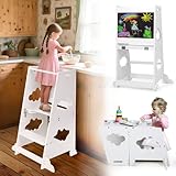 KIDINIX Lernturm ab 1 Jahr, 3 in 1 Montessori Learning Tower mit Sicherheitsgeländer und Tafel, Klappbarer Lernstuhl Kinder mit Tischfunktion für Küche, Bad, Weiß