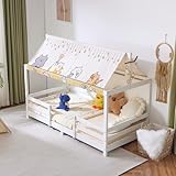 LEADZM Kinderbett Bodenbett 90x200 cm, Kinder Bett Mit Stoffhimmel, Kinderbetten inkl. Rausfallschutz & Lattenrost, Bodenbett Kinder bis 200 kg (Weiß)
