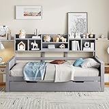 Daybett Einzelbett 90x200 cm, Massivholz Tagesbett mit Ausziehbett & Staufach & Bücherregal, Kinderbett Holzbett Jugendbett Stauraumbett Funktionsbett, Bettgestell mit Lattenrost, Ohne Matratze, Grau