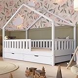 Crazy Pine Hausbett mit Schubladen 200x90 cm – Kinderbett aus Naturholz in Weiß mit Rausfallschutz – Montessori Bodenbett mit zusätzlichen Stauraum und und Abnehmbarer Barriere - Crazy House