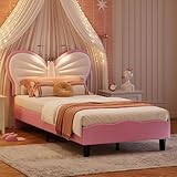 Kinderbett, gepolstert, 90 x 200 cm, Bett für Kinder, Mädchen, mit verstellbarem Kopfteil, in Schmetterlings- und Leseform, Einzelbett mit Lattenrost, Samt, ohne Matratze (Weiß, Rosa, 90 x 200 cm)