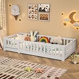Lazyspace Bodenbett Kinderbett 90x200 cm, Montessori Bett Kinder mit Rausfallschutz inkl. Lattenrost, Einzelbett mit Babytür, Rahmenbetten aus Kiefer Massivholz, Bettgestell Jugendbett, Weiß