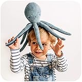 skiddoü, angenehmes Plüschmaskottchen Håvi, Einschlafhilfe Tintenfisch, verschiedene sensorische Texturen, skandinavischen Designs, Komfort, Dekoration für Kinderzimmer, Stofftier fur babys, blau