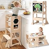 Woodure Lernturm ab 1 Jahr | 3 in 1 Learning Tower für Kinder | Klappbare Tritthocker mit Tafel | Lernturm Für Kinder, für Küche Tisch Bad