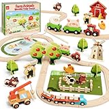 Lehoo Castle Holzeisenbahn, Eisenbahn Kinder, Holz Bauernhof Spielzeug ab 3 Jahre, Zug Spielzeug für Kinder ab 3 4 5