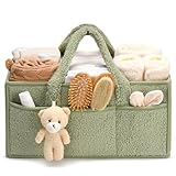 Flanliy Wickeltasche Organizer, Wickeltisch Organizer, Tragbarer Wickelkorb mit Herausnehmbaren Fächern, Plüsch Wickelorganizer mit Griffen, Baby Aufbewahrungskorb für Wickel und Babysachen (Grün)