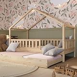 Crazy Pine Hausbett mit Ausziehbett 90x200 cm – Kinderbett aus Naturholz mit Rausfallschutz – Montessori Bett mit Schublade mit Schlaffunktion und Abnehmbarer Barriere - Crazy House