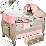 Kidiz® Babybett 3 in 1 Reisebett Kombi Set Baby Bett mit Wickelauflage Moskitonetz Laufstall Baby ab Geburt bis 15 kg luftige Seitenwände mit Seiteneingang Tragetasche zusammenklappbar, Rosa/Beige