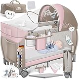 Kidiz® Babybett Reisebett Kinderreisebett klappbar mit Matratze & Räder 120x60, Seiteneingang, Wickelauflage, Moskitonetz & Tragetasche Baby Beistellbett Kinderbett ab Geburt bis 15 kg Rosa Beige