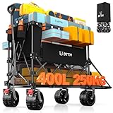 BTTN 400L Doppeldecker Bollerwagen Faltbar – 250kg Traglast, Extra Lang, Klappbarer Handwagen mit Heckklappe & Geländereifen mit Bremsen, für Garten, Strand, Camping & Einkaufen – Schwarz