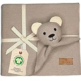 DIKOS® Original Babydecke SCHMUSE-Bär (beige braun) – Premium 2-in-1 Neugeborenen Schmusedecke & Kuscheltier – aus weicher gestrickter Bio-Baumwolle (GOTS/Oeko-TEX) – schönes Babygeschenk zur Geburt