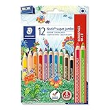 STAEDTLER Buntstift Noris super jumbo, erhöhte Bruchfestigkeit, Sechskantform, ABS-System, attraktive Sternchenprägung, Set mit 12 brillanten Farben und einem Spitzer, 129 NC12P1, 12 Stück (1er Pack)