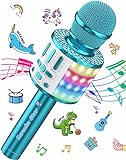 Mikrofon Karaoke 3-15 Jahre, Tragbares Bluetooth Handmikrofon mit LED Licht, Bluetooth Karaoke für Kinder und Erwachsene, Mädchen Jungen Geschenke, Zuhause KTV Kompatibel Android IOS PC - Blu