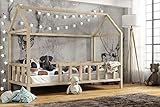 Hausbett 70x140 | Kinderbett 140x70 cm Kinderhaus mit Rausfallschutz Sicherheitsbarrieren Natur Haus Holz Bett