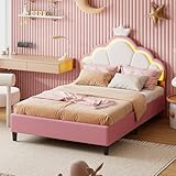 Polsterbett Einzelbett 140x200 cm Kinderbett Mädchenbett mit LED Beleuchtung, Höhenverstellbares Kopfteil in Blumenform, Doppelbett Jugendbett Bettgestell mit Lattenrost ,Samtstoff (Rosa, 140x200cm)