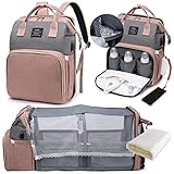 LEcylankEr Wickelrucksack mit Babybett - Große Wickeltasche Rucksack mit Wickelauflage & Isoliertasche & Moskitonetz & USB-Ladeanschluss (Rosa grau)
