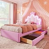 Merax Kinderbett 90x200 Polsterbett mit LED, Kronenförmiges Prinzessinnenbett mit 2 Schubladen, Prinzessinnenbett in Kronenform, Verstellbares Kopfteil, PU, Rosa, Ohne Matratze