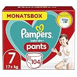 Pampers Windeln Pants Größe 7 (17kg+) Baby-Dry, Extra Large, 104 Höschenwindeln mit Stop- und Schutz Täschchen, MONATSBOX