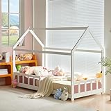 FetiNes Kinderbett 90x200 Hausbett Kinder inkl. Rausfallschutz und Rolllattenrost, Montessori Bodenbett Spielbett Jugendbett weiß aus Massivholz Kiefer