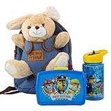 Paw Patrol Rucksack für Kinder mit abnehmbarem Plüschtier Hase Bob, Paw Patrol Brotdose und Trinkflasche in Blau, ideales Set für den Kindergarten oder bei Familienausflügen