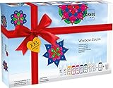KREUL 42849 - Window Color XXL Set, für kleine und große Kreative, 9 x 80 ml Fenstermalfarben, 80 ml Konturenfarbe, eine Spezialfolie, 150 Schmucksteine und Vorlagen mit Blüten und Mandalamotiven