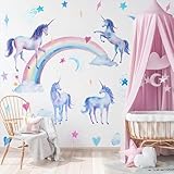 WandSticker4U®- [Aquafarben] Wandtattoo EINHORN REGENBOGEN (105x90 cm) I Wandsticker Kinderzimmer Mädchen Einhorn Regenbogen Sterne I Wandaufkleber Kinderzimmer Deko Mädchen Babyzimmer Prinzessin