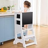 Tour Pour Enfant Avec 3 Lernturm für Kinder, Learning Tower mit magnetischem Whiteboard und Abnehmbarer Kreidetafel, Höhenverstellbar, Montessori-Lernstuhl für Küche und Bad, Kippsicher, Weiß