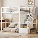 Kebnor 90 * 200cm Hochbett mit Sicherheits-Aufbewahrungsleiter, Bettgestell aus massivem Kiefernholz für Kinder und Jugendliche (Weiß)