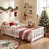 ecomi® Kinderbett 90x200 Bodenbett Kinder Bett mit Rausfallschutz und Lattenrost für Kinder Kinderbetten für Mädchen und Jungen Massivholz Kiefer in Weiß