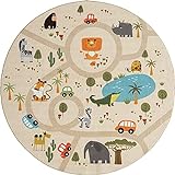 the carpet Happy Life Kinderzimmer, Kinderteppich, Spielteppich, Waschbar, Straßenteppich, Straße, Dschungel, Tiere, Auto, Rund, Beige, 160 cm