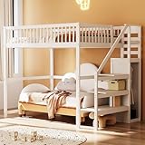 Zravenna Hochbett Etagenbett 140x200 mit Treppe, Kinderbett aus Holz mit Aufbewahrungsregal, Kinder Hochbett mit Einfacher Kleiderschrank, Weiß