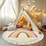 Tospass Kinderzimmer Teppich Regenbogen Weicher Rund Quasten Waschbarer Kinder Teppich Schlafzimmer Junge Mädchen Kurzflor rutschfest Teppich, 60 cm Rund