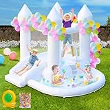 Aufblasbares Hüpfhaus Schloss mit Rutsche, weißer Jumper Hüpfburg mit Bällebad Hochzeitsschloss für Party Hinterhof für Kinder, mit 370W Luftgebläse