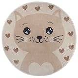 Hanse Home Adventures Kinderteppich Rund - Katzen Herzen Muster, Tier Herz Muster Teppich Junge Mädchen für Kinderzimmer, Spielzimmer, Jugendzimmer, Wohnzimmer - Creme Beige, 100cm