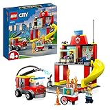 LEGO 60375 City Feuerwehr Feuerwehrstation und Löschauto, Lernspielzeug für Kinder ab 4 Jahren, Geschenk für Jungen und Mädchen, Mehrfarbig