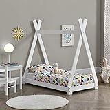 [en.casa] Kinderbett 70x140cm Weiß im Tipi Design aus Kiefernholz Jugendbett Bett Holzbett Hausbett