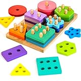 HELLOWOOD Montessori Spielzeug ab 1 2 3 Jahre, Holz Sortier- & Stapelspielzeug Steckpuzzle für 12+ Monate Baby-Jungen & Mädchen, 24pcs geometrische Baukasten, Shape Sorter Puzzles