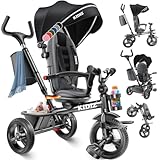 KIDIZ® Dreirad 6in1 Kinderdreirad mit Schubstange Lenkbar ab 9 Monaten bis 25Kg Jogger vorwärts & Rückwärtsfahrt, Korb Tasche Getränkehalter Sonnendach Gummiräder Buggy Fahrrad Baby Klappbar Schwarz