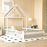 Kinderbett Bodenbett Doppelbett 140x200 cm mit Sicherheitsgitter&Lattenrost&Dach&Kleiderstange, Montessori Bett Bed Gitterbett Hausbett Holzbett Bettgestell Jugendbett, Kiefernholz, Ohne Matratze,Weiß