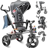 KIDIZ® Dreirad 6in1 Kinderdreirad mit Schubstange Lenkbar ab 9 Monaten bis 25Kg Jogger vorwärts & Rückwärtsfahrt, Korb Tasche Getränkehalter Sonnendach Gummiräder Buggy Fahrrad Baby Klappbar Grau